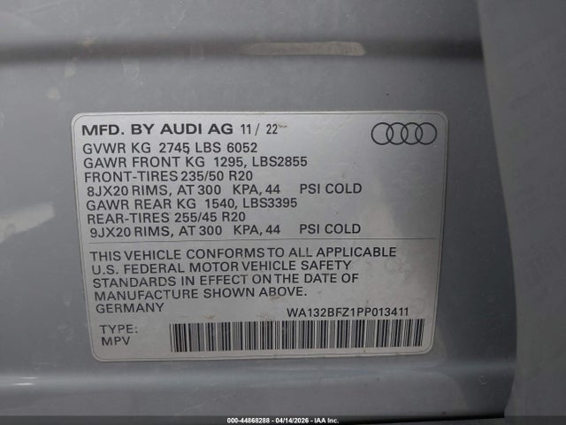 Продажа на аукционе авто 2023 Audi Q4 Sportback E-tron Premium Plus 50 Quattro, vin: WA132BFZ1PP013411, номер лота: 44868288