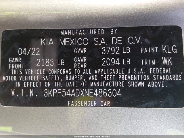 2022 Kia Forte Gt-line მანქანა იყიდება აუქციონზე, vin: 3KPF54ADXNE486304, აუქციონის ნომერი: 44868299