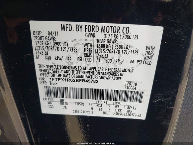 44868300 :رقم المزاد ، 1FTEX1R62BFB45782 vin ، 2011 Ford F-150 Svt Raptor مزاد بيع