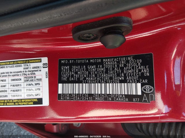 Aukcja sprzedaży 2010 Toyota Corolla Le, vin: 2T1BU4EE1AC192206, numer aukcji: 44868303
