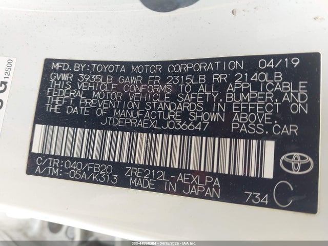 Aukcja sprzedaży 2020 Toyota Corolla Le, vin: JTDEPRAEXLJ036647, numer aukcji: 44868304