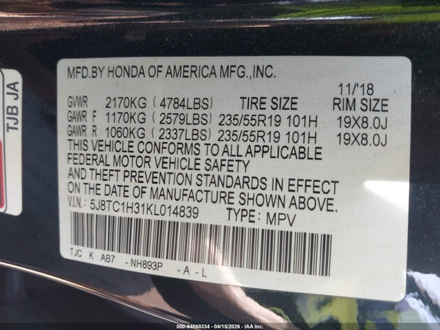 Aukcja sprzedaży 2019 Acura Rdx Standard, vin: 5J8TC1H31KL014839, numer aukcji: 44868334