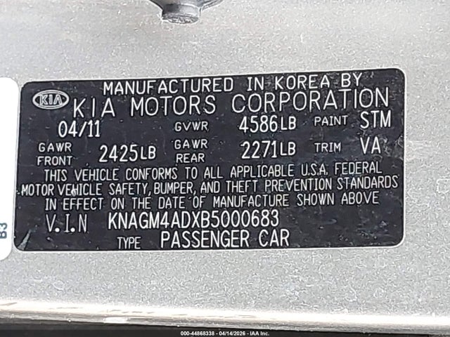 Продаж на аукціоні авто 2011 Kia Optima Hybrid Ex, vin: KNAGM4ADXB5000683, номер лоту: 44868338