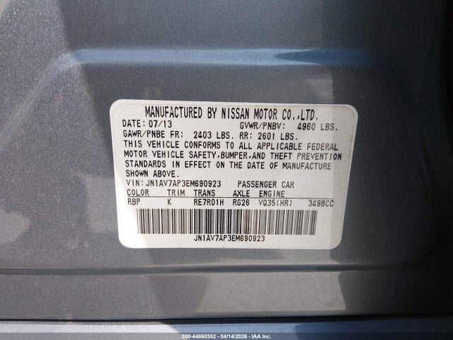 44868352 :رقم المزاد ، JN1AV7AP3EM690923 vin ، 2014 Infiniti Q50 Hybrid Premium مزاد بيع