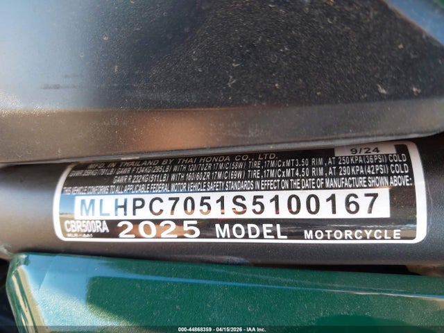 Aukcja sprzedaży 2025 Honda Cbr500 Ra, vin: MLHPC7051S5100167, numer aukcji: 44868359