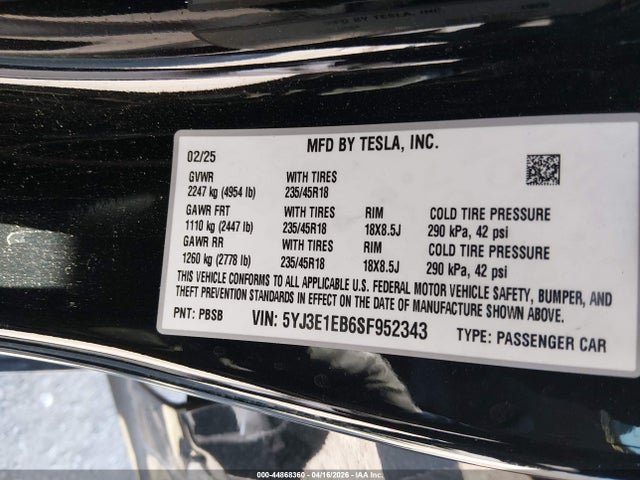 44868360 :رقم المزاد ، 5YJ3E1EB6SF952343 vin ، 2025 Tesla Model 3 Long Range All-wheel Drive مزاد بيع
