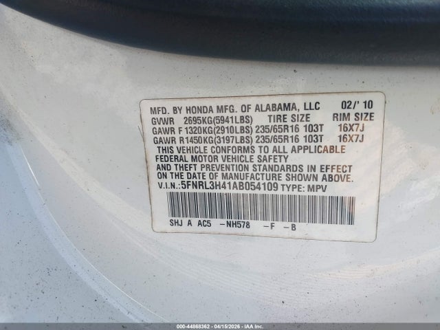 Aukcja sprzedaży 2010 Honda Odyssey Ex, vin: 5FNRL3H41AB054109, numer aukcji: 44868362