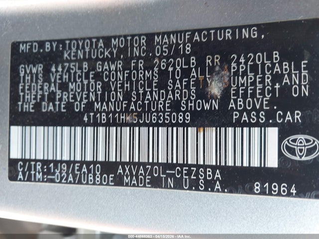 Aukcja sprzedaży 2018 Toyota Camry Se, vin: 4T1B11HK5JU635089, numer aukcji: 44868363