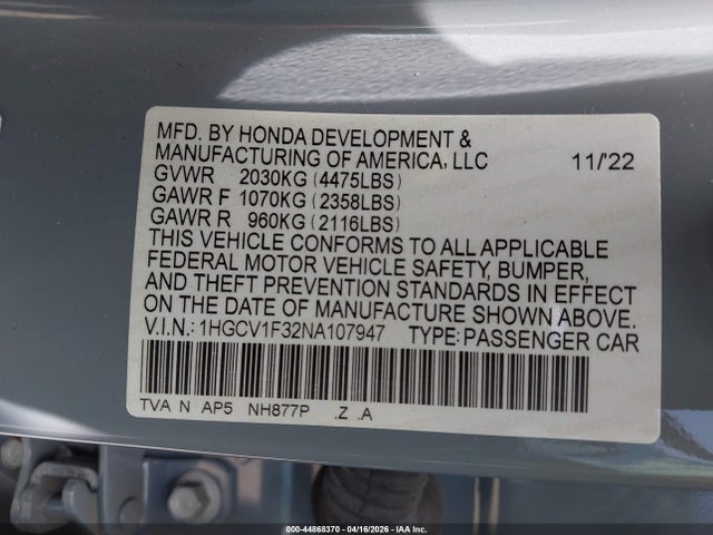 44868370 :رقم المزاد ، 1HGCV1F32NA107947 vin ، 2022 Honda Accord Sport مزاد بيع