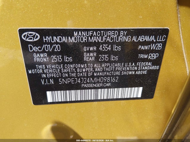 2021 Hyundai Sonata Sel Plus მანქანა იყიდება აუქციონზე, vin: 5NPEJ4J24MH098162, აუქციონის ნომერი: 44868378