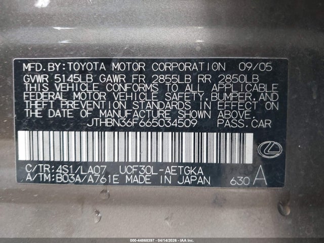 Aukcja sprzedaży 2006 Lexus Ls 430, vin: JTHBN36F665034509, numer aukcji: 44868397
