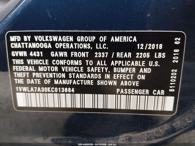 Aukcja sprzedaży 2019 Volkswagen Passat 2.0t Wolfsburg Edition, vin: 1VWLA7A30KC013664, numer aukcji: 44868399