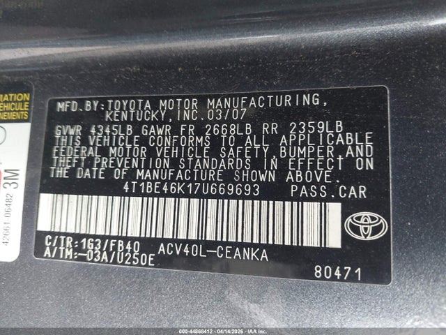 Продаж на аукціоні авто 2007 Toyota Camry Le, vin: 4T1BE46K17U669693, номер лоту: 44868412