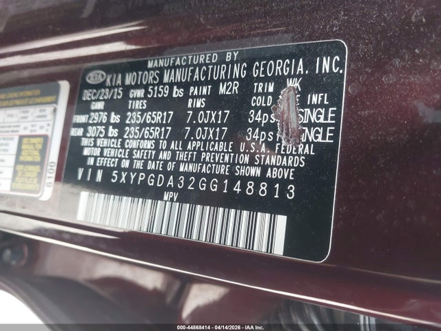 44868414 :رقم المزاد ، 5XYPGDA32GG148813 vin ، 2016 Kia Sorento 2.4l Lx مزاد بيع