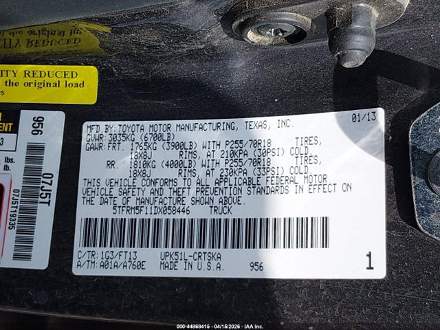 Продаж на аукціоні авто 2013 Toyota Tundra Grade 4.6l V8, vin: 5TFRM5F11DX058446, номер лоту: 44868415