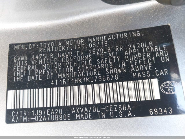 4T1B11HK1KU796878 Toyota CAMRY SE