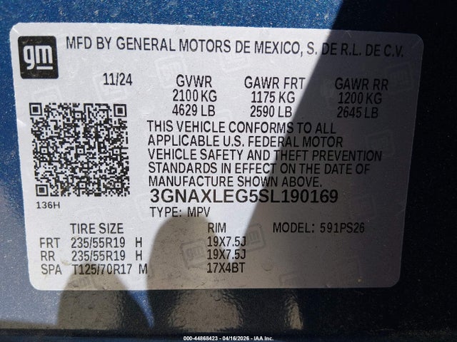 Aukcja sprzedaży 2025 Chevrolet Equinox Fwd Rs, vin: 3GNAXLEG5SL190169, numer aukcji: 44868423