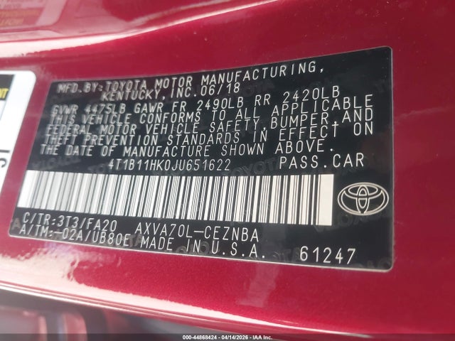 4T1B11HK0JU651622 Toyota CAMRY LE