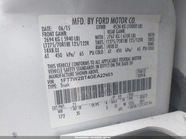 Продажа на аукционе авто 2016 Ford F-250 Xlt, vin: 1FT7W2BT4GEA22953, номер лота: 44868426