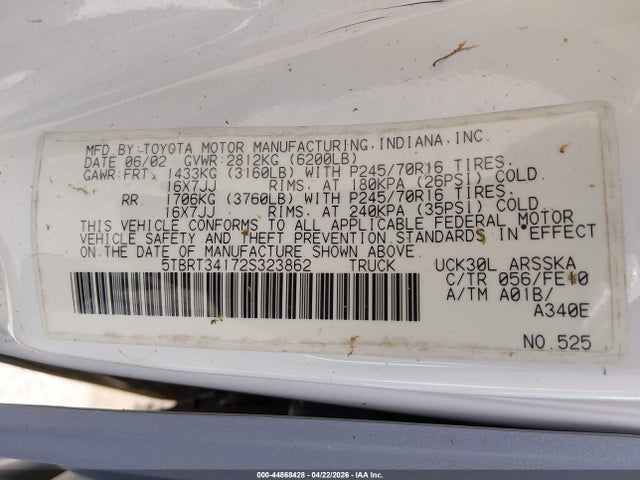 Aukcja sprzedaży 2002 Toyota Tundra Sr5 V8, vin: 5TBRT34172S323862, numer aukcji: 44868428