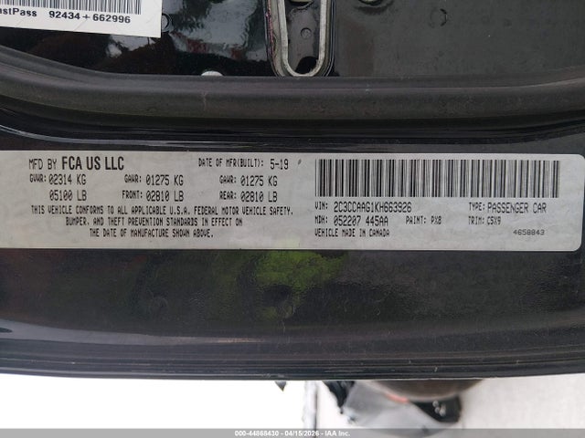 44868430 :رقم المزاد ، 2C3CCAAG1KH663926 vin ، 2019 Chrysler 300 Touring مزاد بيع