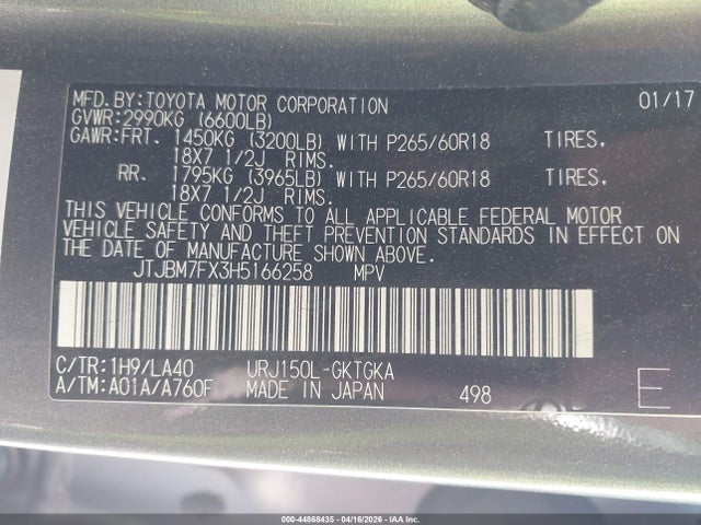 44868435 :رقم المزاد ، JTJBM7FX3H5166258 vin ، 2017 Lexus Gx 460 مزاد بيع
