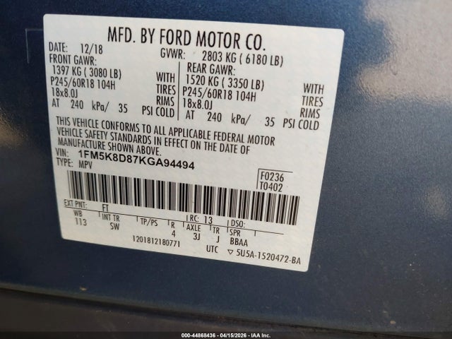 2019 Ford Explorer Xlt მანქანა იყიდება აუქციონზე, vin: 1FM5K8D87KGA94494, აუქციონის ნომერი: 44868436