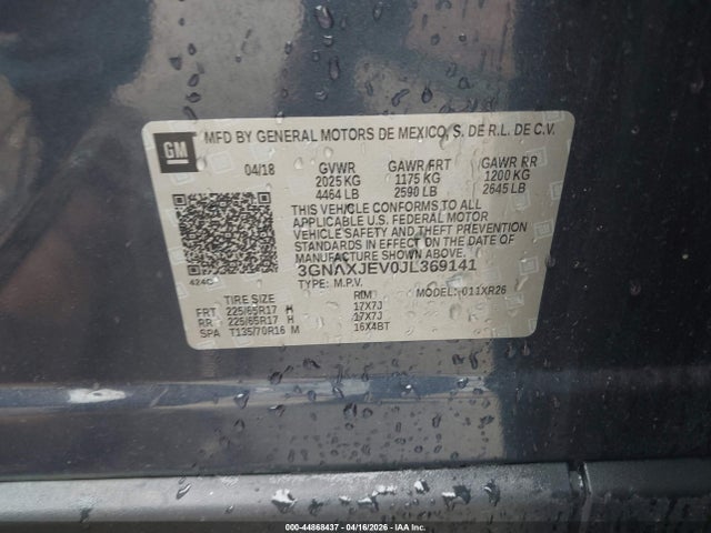 Продаж на аукціоні авто 2018 Chevrolet Equinox Lt, vin: 3GNAXJEV0JL369141, номер лоту: 44868437