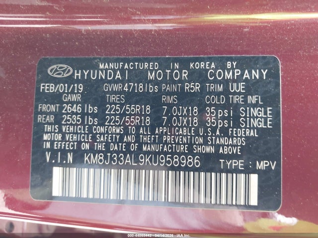 Aukcja sprzedaży 2019 Hyundai Tucson Sel, vin: KM8J33AL9KU958986, numer aukcji: 44868442