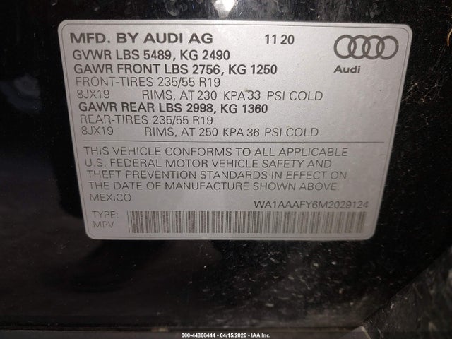 Продаж на аукціоні авто 2021 Audi Q5 Premium 45 Tfsi Quattro S Tronic, vin: WA1AAAFY6M2029124, номер лоту: 44868444