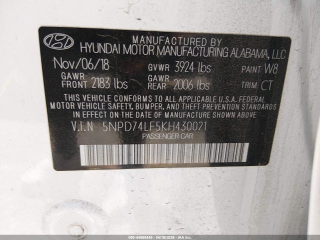 Aukcja sprzedaży 2019 Hyundai Elantra Se, vin: 5NPD74LF5KH430021, numer aukcji: 44868449