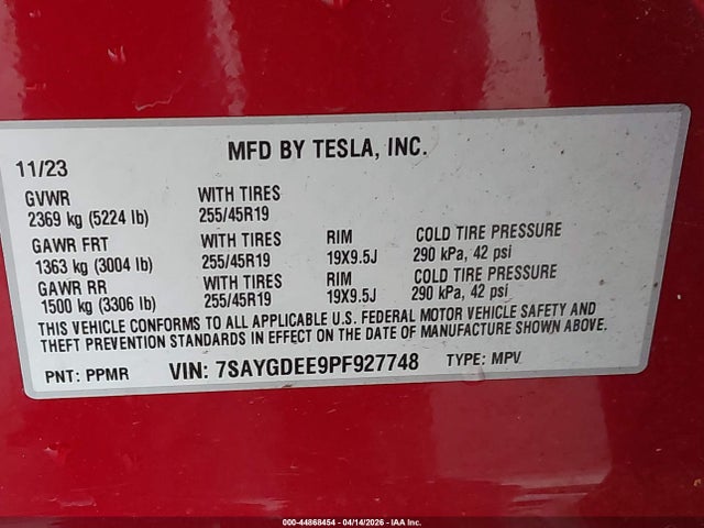 Aukcja sprzedaży 2023 Tesla Model Y Awd/long Range Dual Motor All-wheel Drive, vin: 7SAYGDEE9PF927748, numer aukcji: 44868454