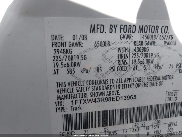 2008 Ford F-450 King Ranch/lariat/xl/xlt მანქანა იყიდება აუქციონზე, vin: 1FTXW43R98ED13965, აუქციონის ნომერი: 44868462