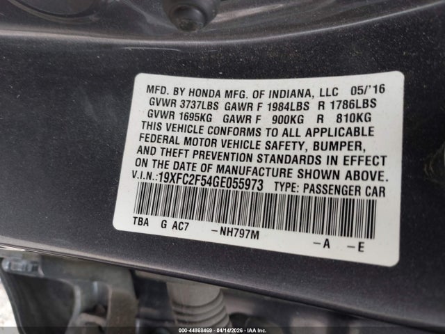 Продажа на аукционе авто 2016 Honda Civic Lx, vin: 19XFC2F54GE055973, номер лота: 44868469