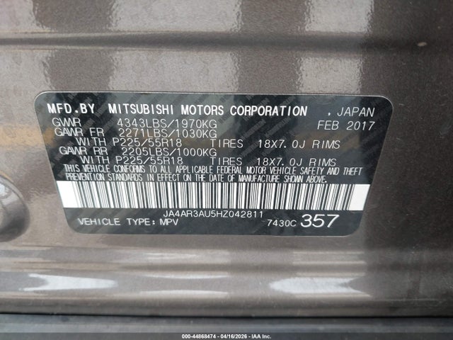Aukcja sprzedaży 2017 Mitsubishi Outlander Sport 2.0 Es/2.0 Le, vin: JA4AR3AU5HZ042811, numer aukcji: 44868474