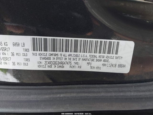 2017 Dodge Grand Caravan Se მანქანა იყიდება აუქციონზე, vin: 2C4RDGBG3HR647475, აუქციონის ნომერი: 44868484