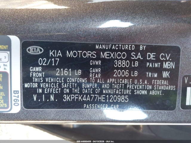 Aukcja sprzedaży 2017 Kia Forte Lx, vin: 3KPFK4A77HE120985, numer aukcji: 44868489