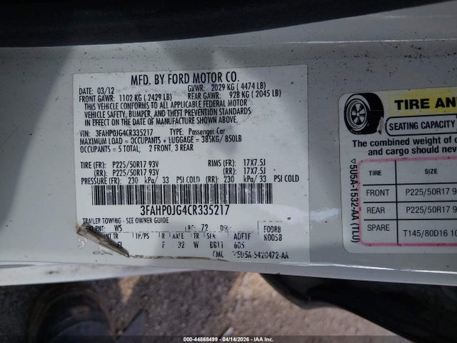 2012 FORD FUSION 3FAHP0JG4CR335217 Photo 8