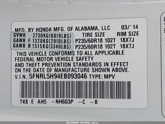 Продажа на аукционе авто 2014 Honda Odyssey Touring/touring Elite, vin: 5FNRL5H94EB093046, номер лота: 44868500