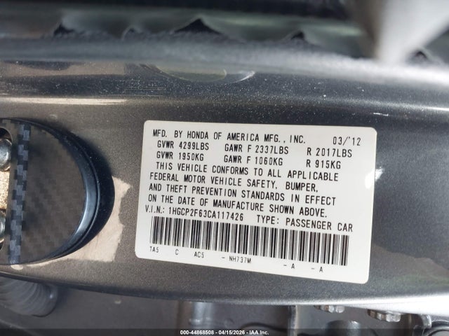 Auction sale of the 2012 Honda Accord 2.4 Se, vin: 1HGCP2F63CA117426, lot number: 44868508
