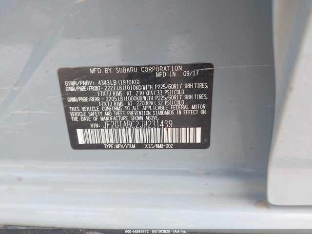 2018 Subaru Crosstrek 2.0i Premium მანქანა იყიდება აუქციონზე, vin: JF2GTABC2JH231439, აუქციონის ნომერი: 44868512