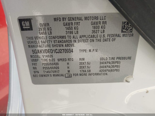 Aukcja sprzedaży 2012 Buick Enclave Premium, vin: 5GAKVDED1CJ270934, numer aukcji: 44868517