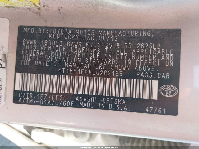 2013 Toyota Camry Se მანქანა იყიდება აუქციონზე, vin: 4T1BF1FK8DU283165, აუქციონის ნომერი: 44868518