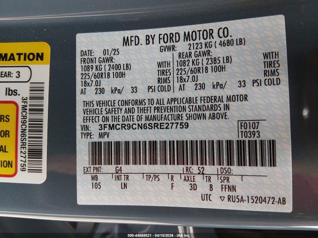 44868521 :رقم المزاد ، 3FMCR9CN6SRE27759 vin ، 2025 Ford Bronco Sport Outer Banks مزاد بيع