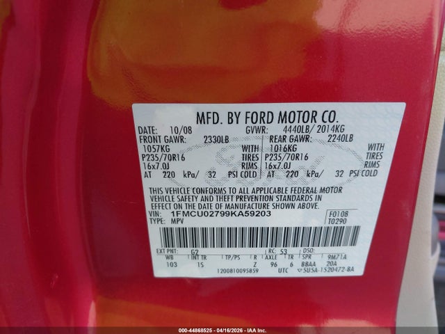 Aukcja sprzedaży 2009 Ford Escape Xls/xls Manual, vin: 1FMCU02799KA59203, numer aukcji: 44868525