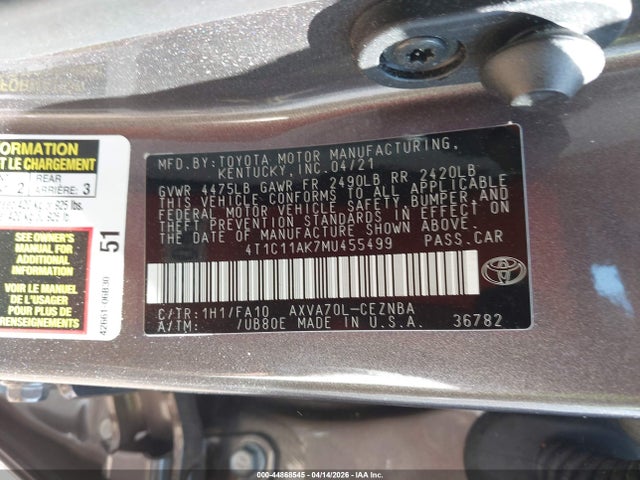 Продаж на аукціоні авто 2021 Toyota Camry Le, vin: 4T1C11AK7MU455499, номер лоту: 44868545