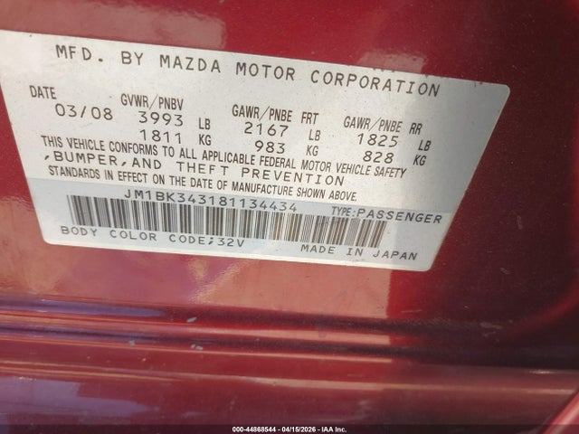 2008 Mazda Mazda3 S Grand Touring მანქანა იყიდება აუქციონზე, vin: JM1BK343181134434, აუქციონის ნომერი: 44868544