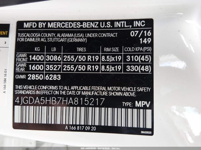 Продажа на аукционе авто 2017 Mercedes-benz Gle 350 4matic, vin: 4JGDA5HB7HA815217, номер лота: 44868546
