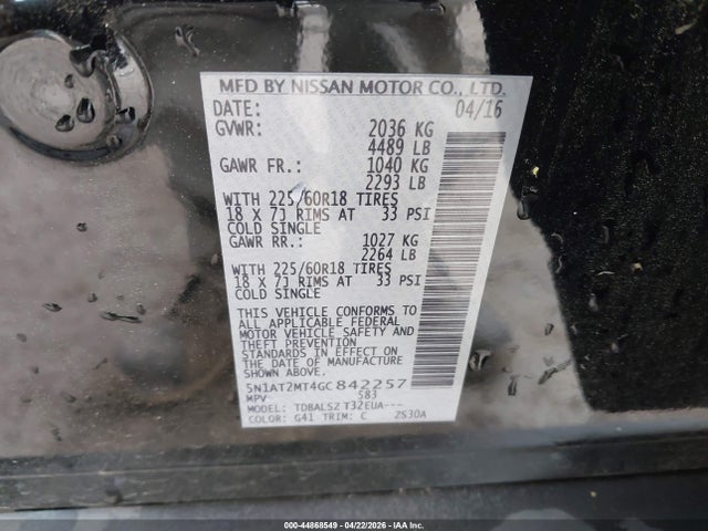 Продажа на аукционе авто 2016 Nissan Rogue S/sl/sv, vin: 5N1AT2MT4GC842257, номер лота: 44868549