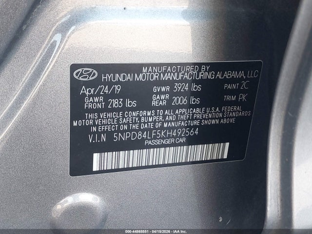 Продажа на аукционе авто 2019 Hyundai Elantra Sel, vin: 5NPD84LF5KH492564, номер лота: 44868551